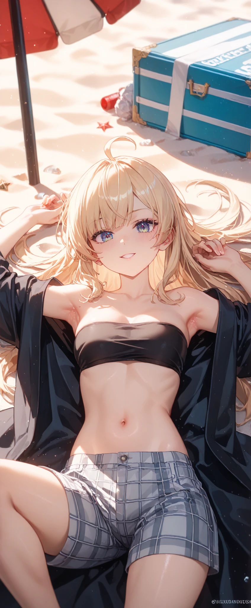 ((Highest quality)), ((masterpiece)), ((detailed)), (4K), (nsfw), 1girl, 独奏, cross earrings, jacket, underwear, panties, side-tie panties, strapless bra, black panties, breasts, long hair, navel, jewelry, untied panties, open clothes, blonde hair, sitting, earrings, cross, white shirt, looking at viewer, tongue, off shoulder, tongue out, open shirt, long sleeves, large breasts, untied, beach, water, wet