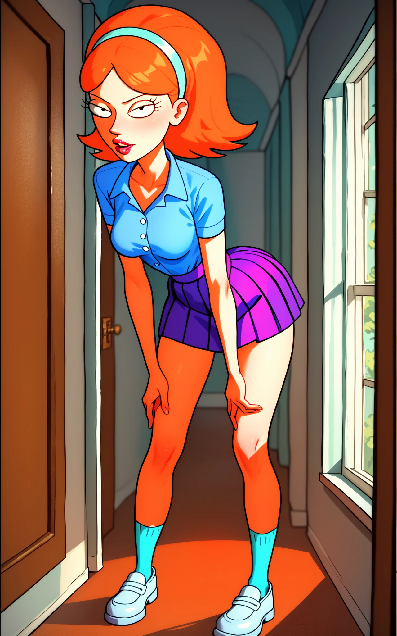 Candace, red tank top, white skirt, upskirt, white panties with red hearts, heart print panties, legs, white shoes, red socks, standing up legs up, standing bent over, mooning, winking, tongue out, rear view, big butt, panties pulled down, anal hole