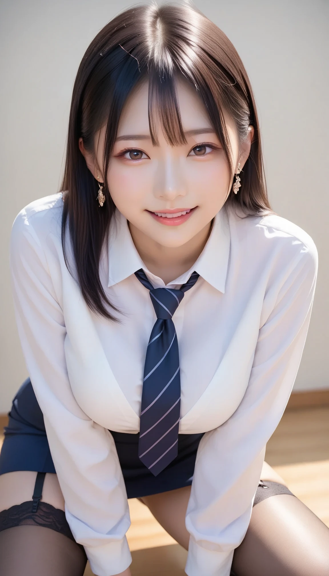 top-quality、Top image quality、masterpiece、fully body photo、18yo woman、Dark brown shorthair、bangss、((Schoolgirl Uniform))、 ((no-bra、Puffy nipple、))、soft boob、breasts of medium size,、Kamimei、 Shy laughter、school classrooms、sit a chair、Flip the skirt with your hands、Show panties、((Grasp your breasts with both hands over your clothes、open one's legs、Open both knees))