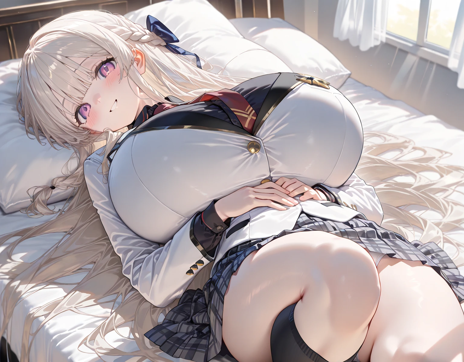 masterpiece, high quality, high detail, 4k, rtx, high resolution,1girl, blue_streaked_hair,hair_over_one_eye, blue_eyes,very long hair,braid,white hair_ornament,white skin,black nail_polish, solo,(long sleeves:1.2),(white bandeau top:1.2), strapless,cleavage, microskirt,thighhighs,thighs,: o,cute face,(Well-shaped and firm huge breasts, developed huge breasts:1.3),(underboob:1.2),bursting breasts,happy,stomach, navel,aged_down,(on side:1.2),sitting,arm support, yokozuwari,on bed