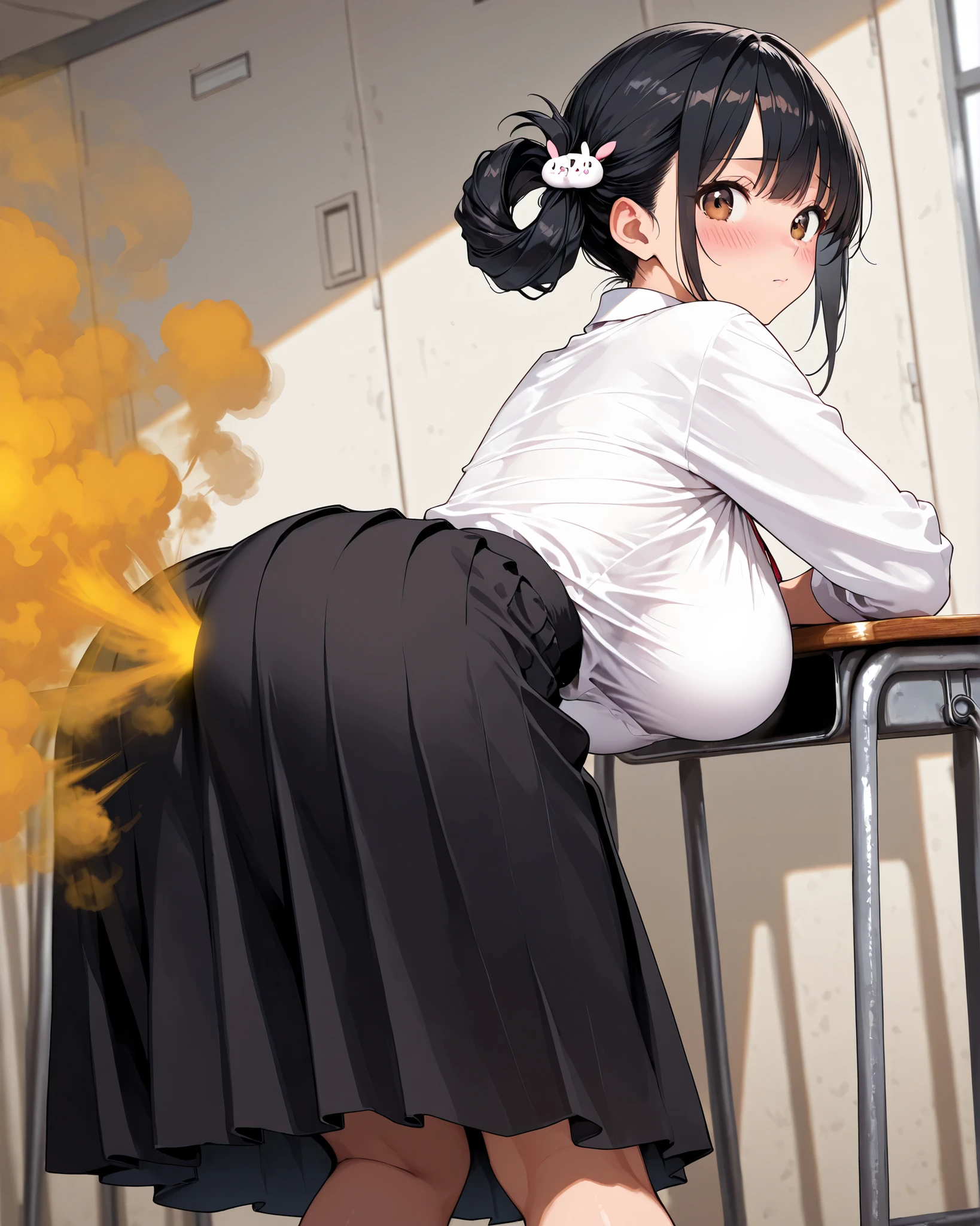 ((Blackhair ponytail))),((adult female)),wear the glasses,Yellow smoke,Attacked by farts, Attack with farts,)),(attacks the all students in classroom with farts)),((wearing a tight skirts and teacher shirt)),velocity,, (((Yellow smoke is rising ))),((Hip Attack)),((),((Facing this way))),masterpiece:1.2、top-quality)、(the Extremely Detailed CG Unity 8K Wallpapers、ultra-detailliert、Best Shadows)、(细致背景)、(The best lighting、extremely delicate and beautiful)、depth of fields,((Girl fart)),(big fart),(((((There is a student and a female teacher.......))))),(((Female teacher attack all student in classroom with a hip attack..))),(((high-handed female teacher)),(((All students who endures pain))),((big boob)),((big butt)),(,((fart text)),(THE TEXT:BBRRPPHHH)),(classroom)),((all student record ant take the picture from the teacher farting))
