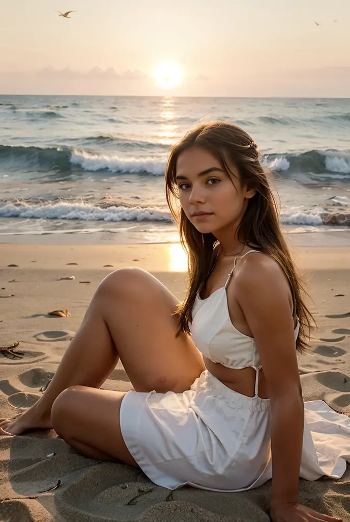 Create a image of 21 year old Cute Girl writing
the word "Neetu" on air Cool font on the beach with
light on a sandy beach under a starry sky. The
setting is a serene beach at night illuminated
by the moon and stars the person wearing a
white night dress and white sneakers.