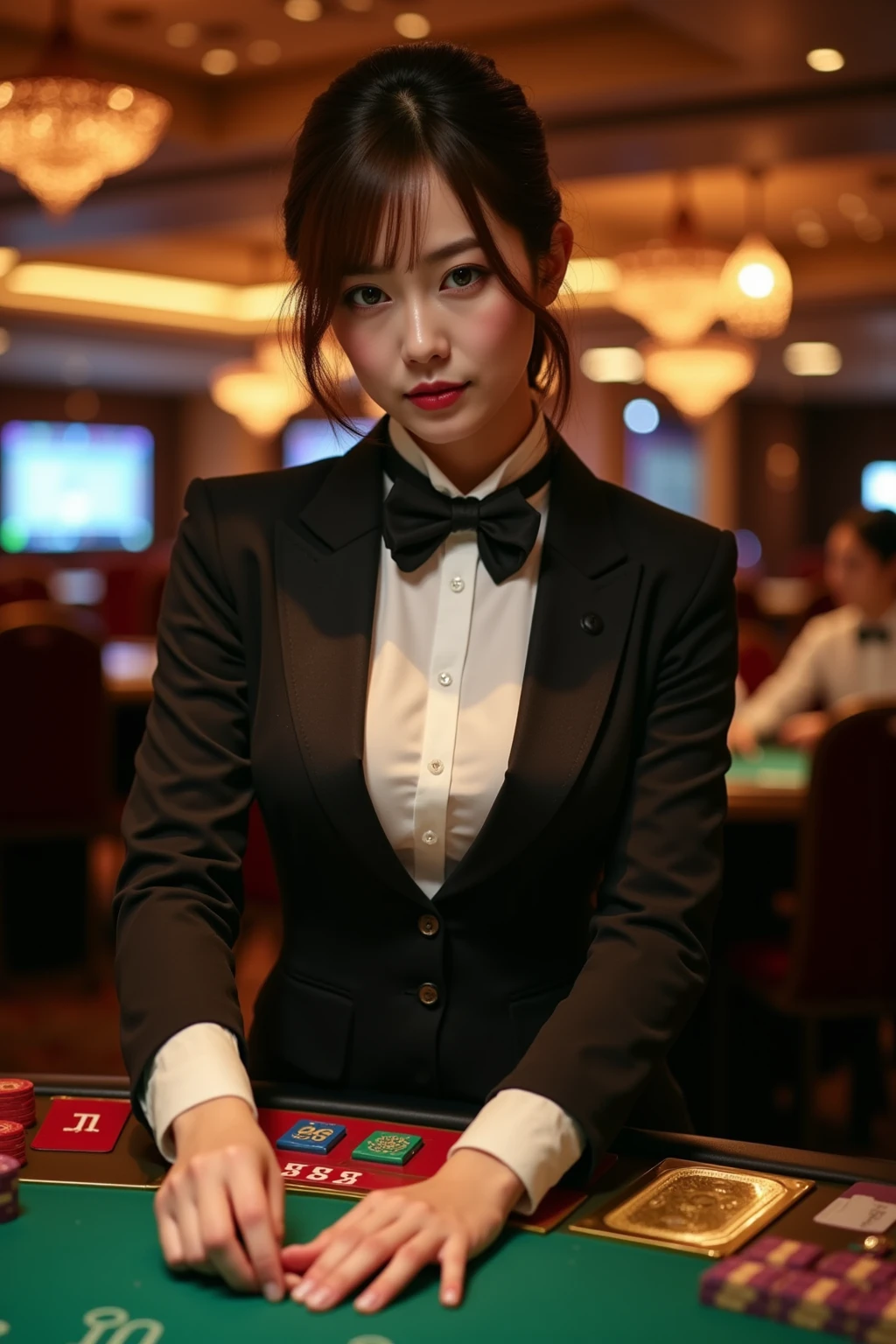 (Highest quality, 4K, 8K, High resolution, masterpiece:1.2), Super detailed, (Realistic, photoRealistic, photo-Realistic:1.37), High resolution, 超High resolution, Studio Lighting, Ultra-fine painting, Sharp focus, Physically Based Rendering, Very detailed explanation, Professional, Vibrant colors, Bokeh, Portraiture, 1 Girl, ((Cats eye)), ((Very short hair)), (Casino Dealer),((casino uniform)),tuxedo,Best,Jacket,tie