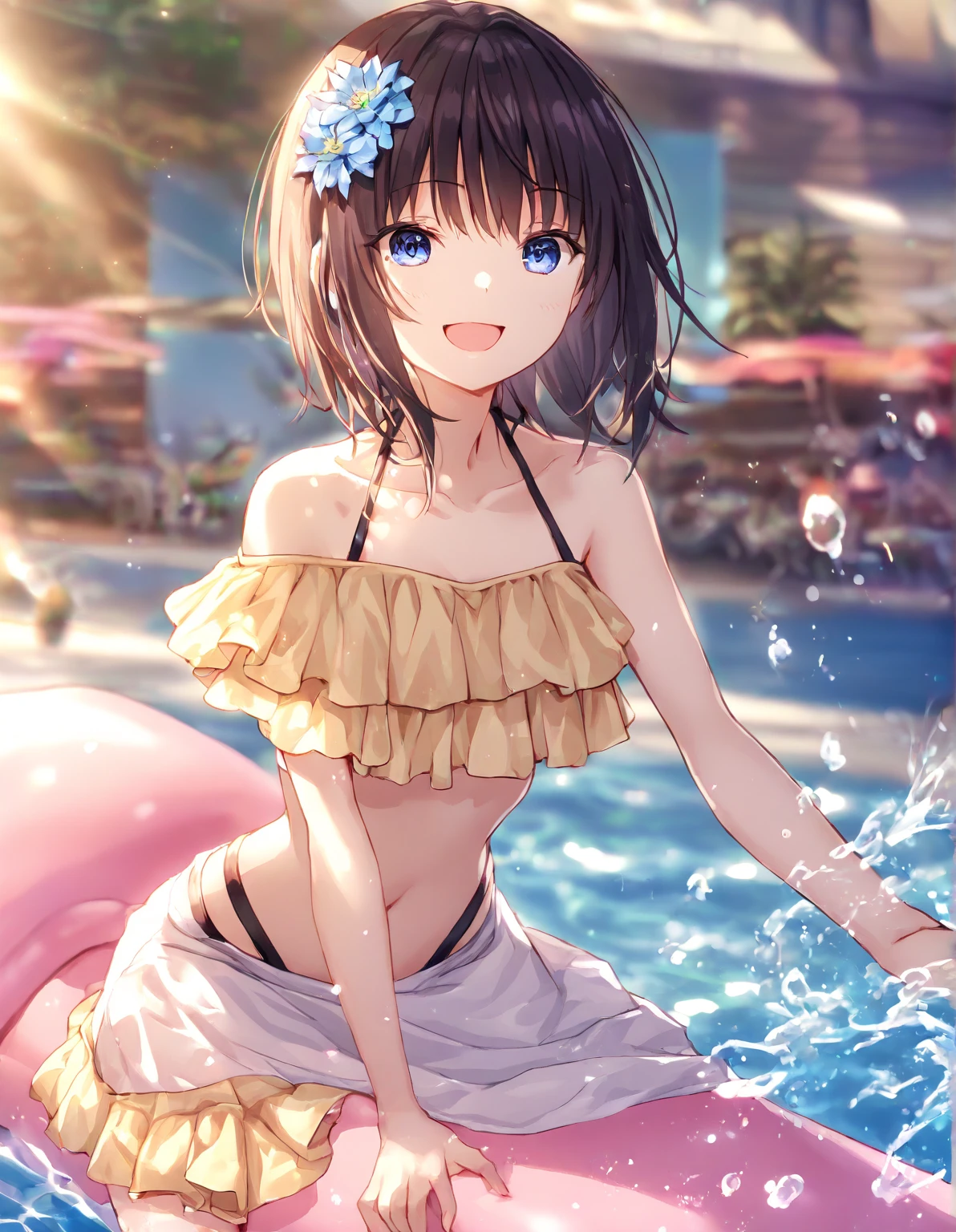 8k, (ultra-detailed eyes:1.1), ultra-detailed, extremely detailed CG, (masterpiece:1.1), (best quality:1.4), extremely detailed CG, (extremety fine and beautiful:1.3), (soft illumination:1.2), (soft shadows), (beautiful eyes:1.3), natalia, 1girl, dark-skinned_female, dark_skin, black hair, bangs, bare_shoulders, beach, bikini, blue_sky, blush, boat, breasts, cleavage, cloud, cloudy_sky, collarbone, day, earrings, eyewear_on_head, horizon, island, short hair, jewelry, lake, medium_breasts, looking_at_viewer, ocean, one_eye_closed, outdoors, palm_leaf, palm_tree, pier, pink_bikini, pool, poolside, purple_eyes, sand, seagull, shore, sky, smile, solo, sunglasses, swimsuit, tree, upper_body, water, waves, nsfw, white_bikini<lora:Natalia-08:0.8>
detailed(hair, beautiful finely eyes, skin, cloth texture)