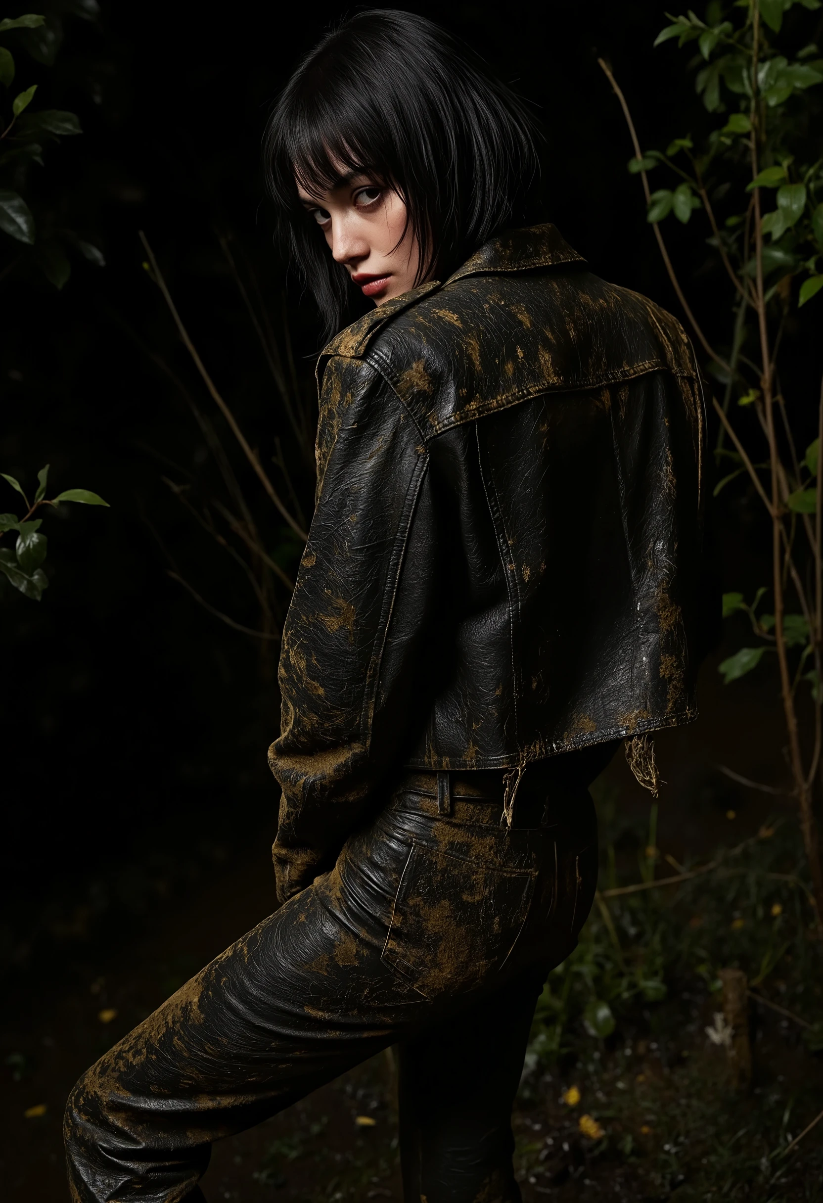 Phoebe Tonkin,artistic portrait, ugly mature Phoebe Tonkin over 40. withered, turns stuck in sludge murky vegetation mud, black bob haircut. dirty messy leather biker jacket and leather biker tight flared pants. Tormented in lust ,reeds, polluted duckweed vegetation, strong bags under eyes, detailed portrait, moody lighting, gritty, dystopian, dark fantasy, rugged black night environment, muddy terrain, gloomy atmosphere, dramatic shadows, cinematic shot, ultra-detailed, 8K, HDR, photorealistic, masterpiece, hands hidden on back