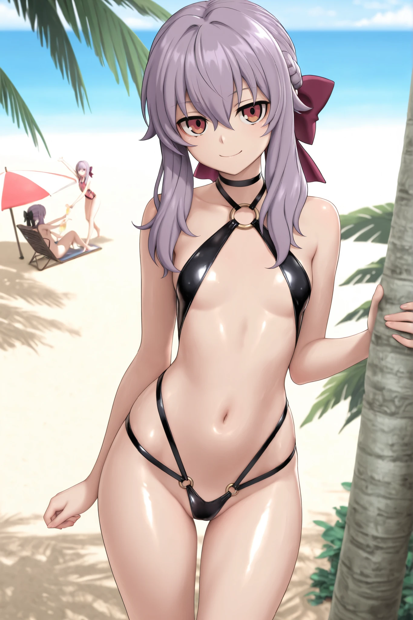 Xiutianji Temple, shuten douji, (purple eyes:1.2), earrings, eye shadow, horn, compensate, oni horn, purple hair, red eye shadow, short eyebrows, short hair, single earrings, (small breasts:1.2), pointed ears,
break bikini,
break outdoors, beach,
break looking at viewer,
break (masterpiece:1.2), highest quality, High resolution, unity 8k wallpaper, (figure:0.8), (detailed and beautiful eyes:1.6), highly detailed face, perfect lighting, Very detailed CG, (perfect hands, perfect anatomy),
