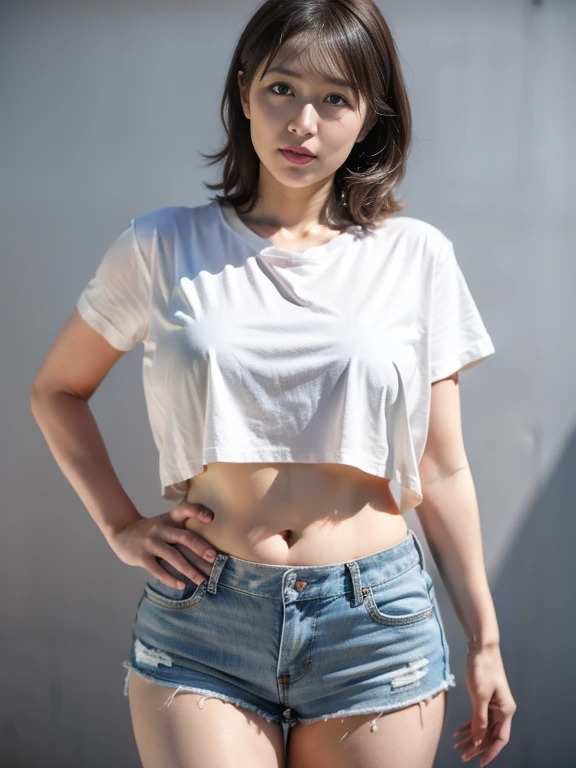 A boldly composed photograph of a Japanese woman that looks like it was taken by a famous artistic photographer, (((Blockbuster art photography)), (8k, Highest quality). A stunning composition using a model with excellent proportions. Perfect beauty model with a confident and balanced appearance, ((Highest quality質)), ((masterpiece)), (Familiar:1.4), ((Highest quality質のリアルな写真)), ((Shot with Hasselblad)), ((Best photo quality)), Beautiful womanの画像,Super Resolution,Slim and perfectly proportioned, Beautiful woman, ((Highest quality質, 8k, masterpiece: 1.3)), Beautiful woman, 1 female, Slim figure: 1.1, Perfect beauty, 20-year-old, (Realistic: 1.4), Ahegao, Shining Sweat, thin, Art photo composition with space around the woman, See through, (((Studio shot))), (((The background is only gray and there is nothing.))), Full body photo, Anatomically correct hand, Anatomically correct legs, anatomically correct whole body, Marble room, White T-shirt and hot pants. Cowboy Shot, Holding your crotch with your hand、