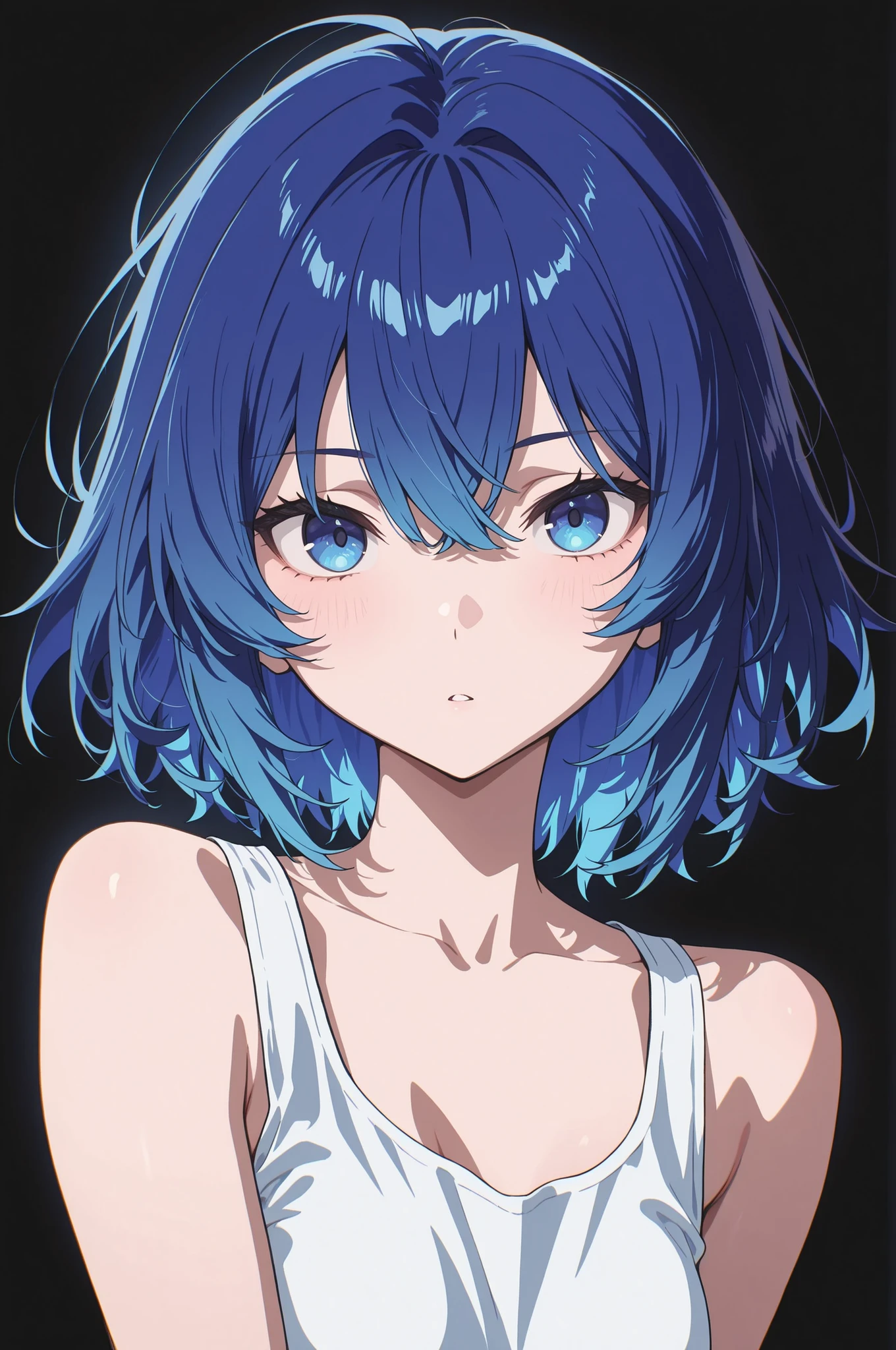 masterpiece, best quality, amazing quality, newest, very aesthetic, 1girl, navy blue, blue hair, white shirt, tank top, looking at viewer, simple background, black background, absurdres, highres