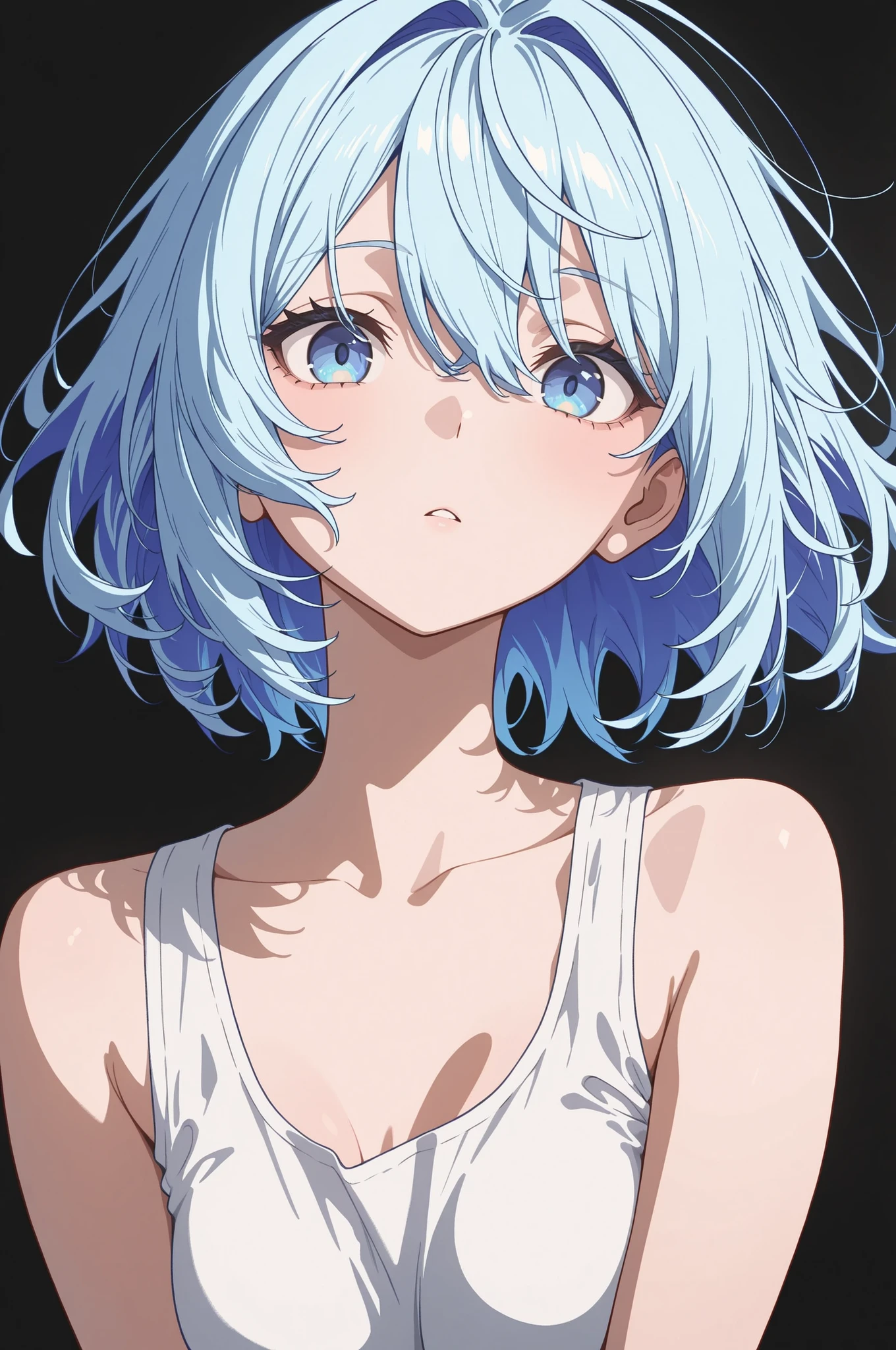 masterpiece, best quality, amazing quality, newest, very aesthetic, 1girl, blue hair, white shirt, tank top, looking at viewer, simple background, black background, absurdres, highres