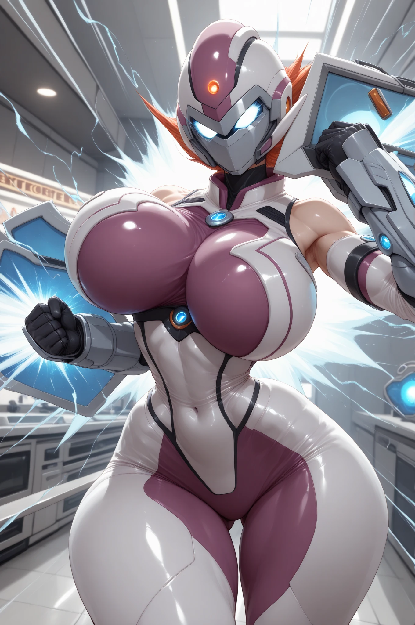 masterpiece,best quality,realistic,1girl,mature female,UltraMarie,armor,glowing,glowing_eyes,helmet,mecha,roboT,twintails,yellow_eyes,huge breasts,wide hips,fighting stance,city,((((Breast milk))))((((pubic hair))))((((milking))))