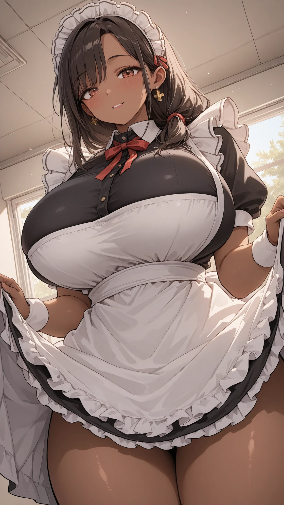 masterpiece, best quality, Himejima_Akeno, 1 Girl, Himejima Akeno, Lovely, Solitary, permanent, Large Breasts, (((Full and soft breasts,)))(((Huge breasts))) (((Cleavage))) (Perfect curvy figure),
(Guo_Faculty_School_), Red_skirt, School_, long_sleeve, Lower Bust, shawl, Black_Ribbon,
purple_Eye,
Awkward, Smile, classroom,