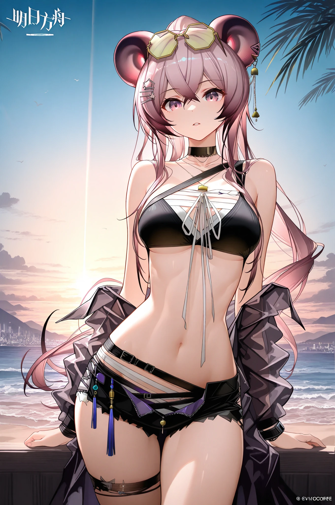 masterpiece, best quality,  <lora:kfk5.11:0.75>,1girl, kfk, purple eyes, purple hair, swimsuit, see-through,bikini, large breasts, long hair, , lens flare, looking at viewer, shadow,sun, cloud,outdoors,absurdres, official art, extremely detailed cg unity 8k wallpaper