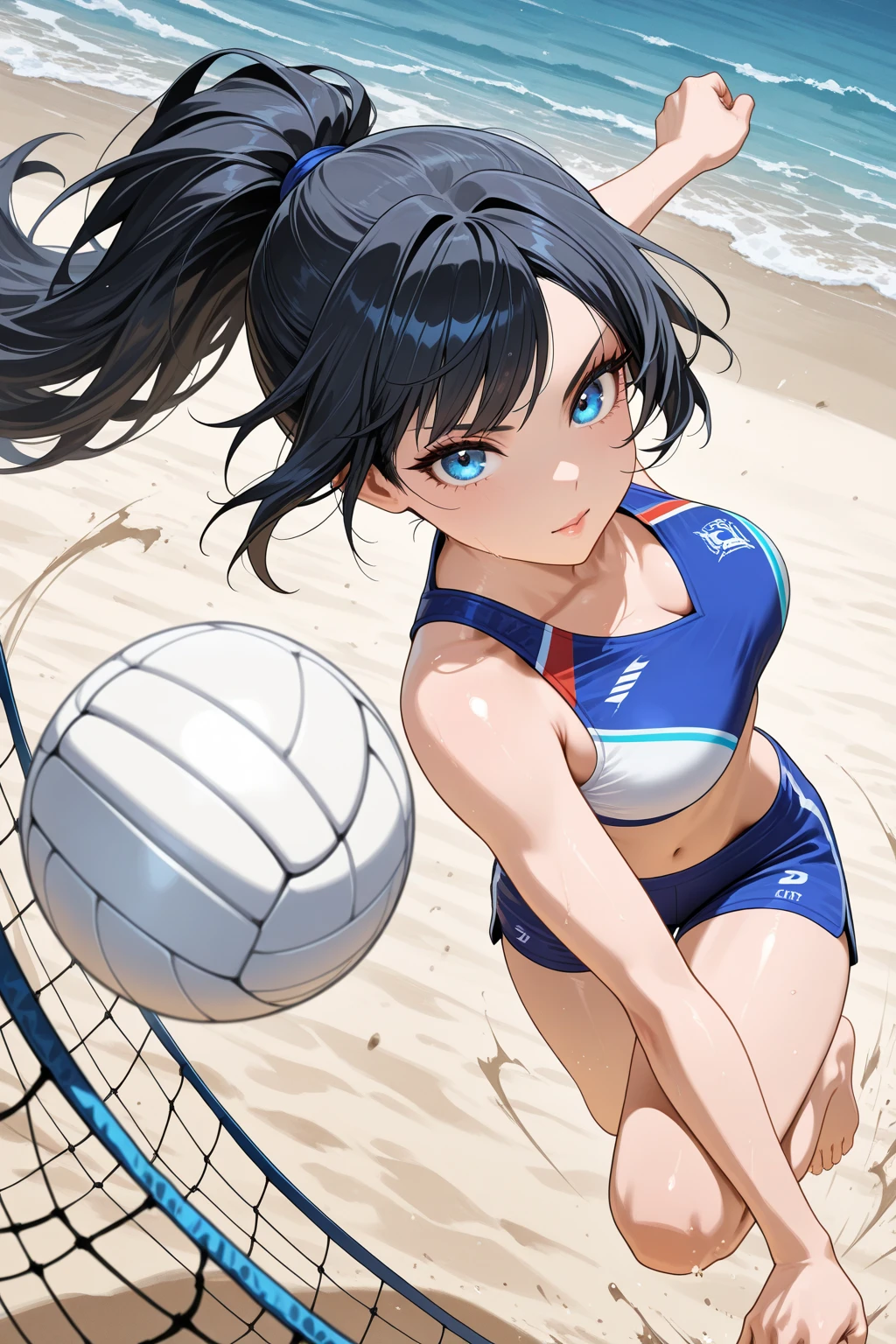 Highest quality、High resolution、Detailed Background、(Beautiful face in every detail:1.4)、Anatomically correct、(Detailed facial expressions)、(fine grain:1.2), (shoot from behind:1.5、Full body shot:1.5), Teenage Beauty、Cute hair color、Braided Ponytail、Braided bob cut、Braided twin tail, Beach volleyball players, Beautiful forms, (Tight metallic green high leg swimsuit:1.5、one piece、turtleneck、No sleeve:1.5、barefoot)、Perfect body line、 (The final match of a beach volleyball tournament being held on a sandy beach:1.5、A spinning receive on a ball that was about to fall:1.5、Throw the ball high into the air for a jumping serve:1.5、Extraordinary, incredible jumping ability:1.5、Pick up the ball with all your might:1.5)、