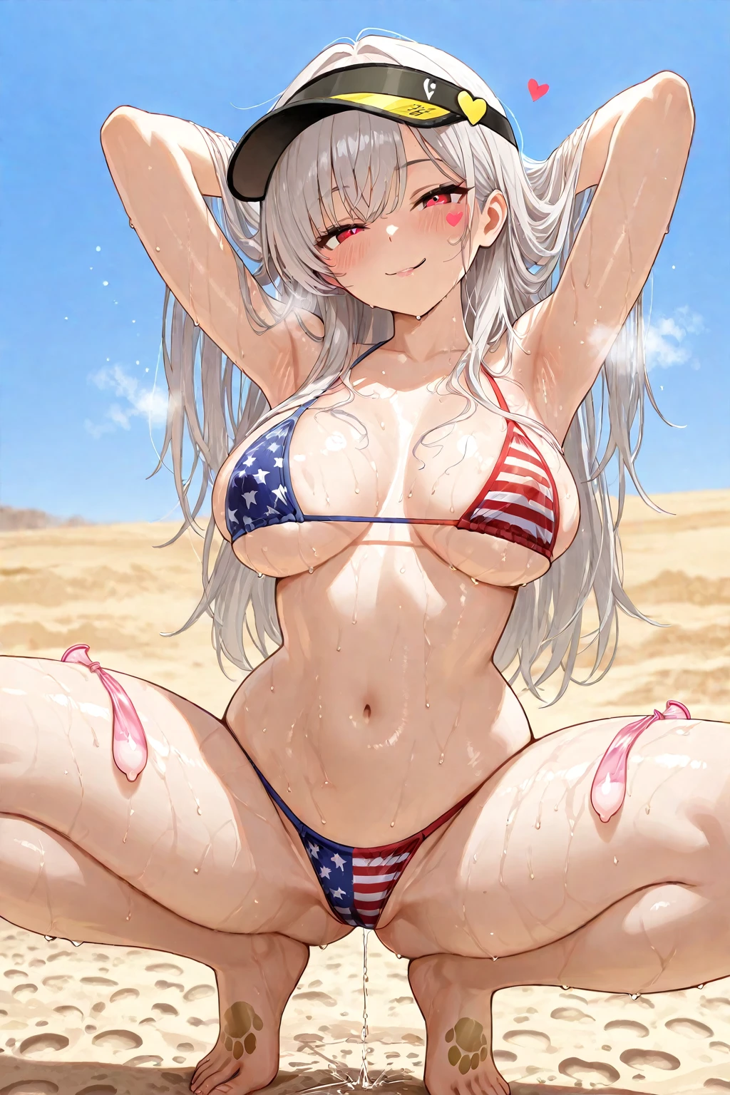 score_9, score_8_up, score_7_up, hellsing,, Seras_victoria, 1girl, solo, outdoors, beach, flag bikini, american flag bikini, American flag, tomboy, shy, blush, gyaru, standing, choker, looking to the side