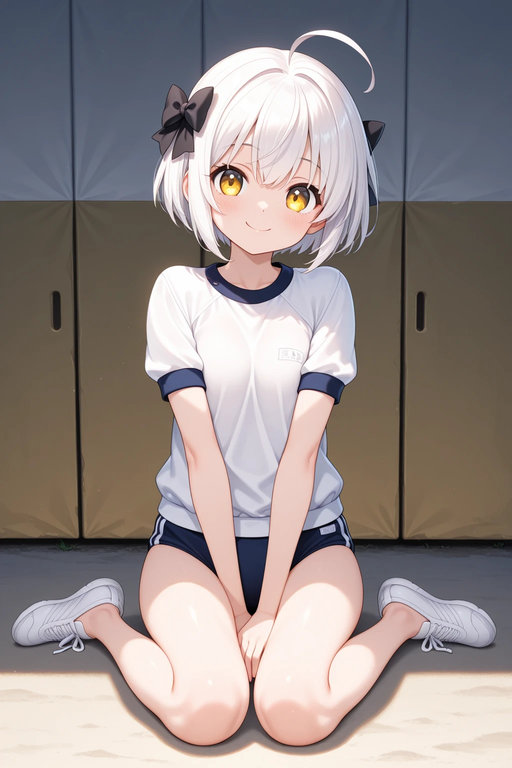 Bloomers, black Bloomers, (White short-sleeved gym uniform), ((Highest quality)), ((masterpiece)), (detailed), Perfect Face, Perfect Arms, Perfect hands, Perfect Fingers, anime, Ultra-fine Illustration, ((1 person)),Youmu、Sitting、Leg spread, Cowboy Shot, Simple Background,