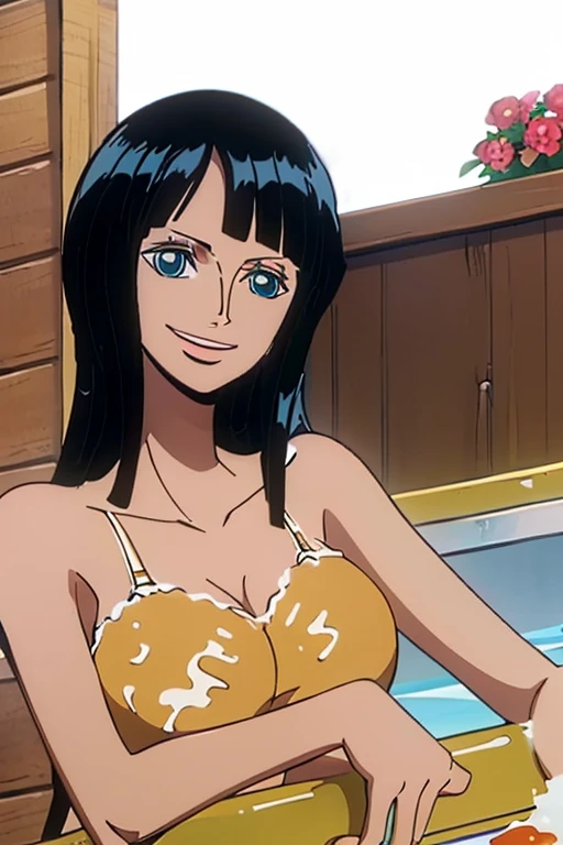 (Obra maestra),La mejor calidad,asombroso,Detalle fino,hermosos ojos detallados, Nico Robin, 1girl,hembra madura,feliz,sonrisa ligera, barriga, breasts, armpits, bathing, bath, blue eyes, purple bra