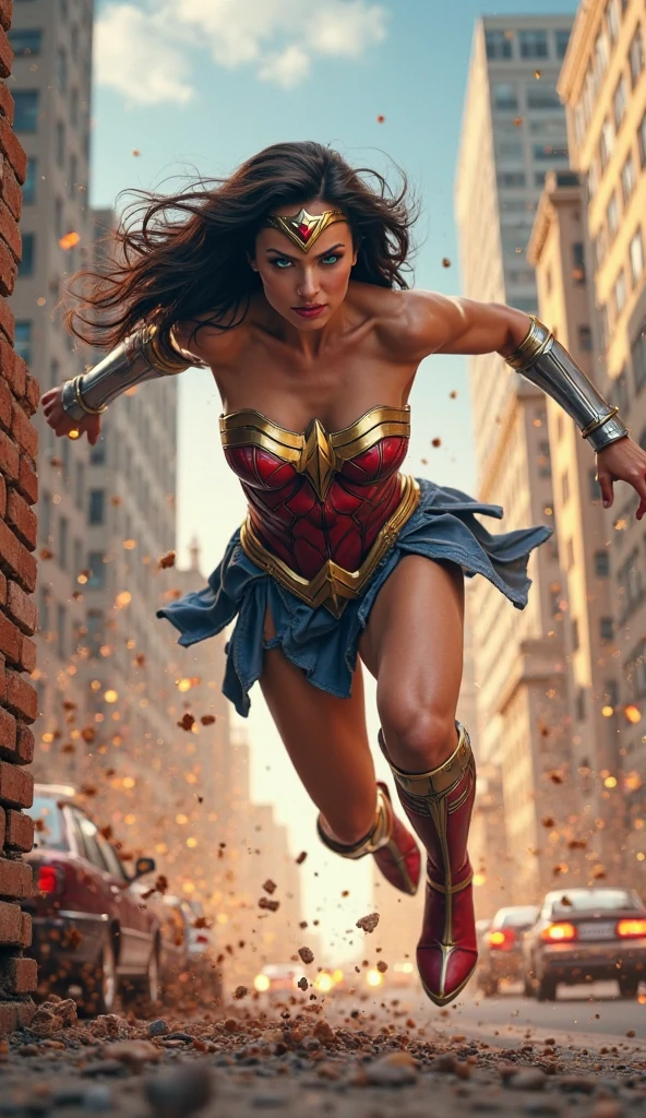 A beautiful, completely bald woman wearing the costume of the Amazon warrior Wonder Woman (((Red and blue leather jumpsuit)))Silver colored diaema with a star on her forehead silver colored bracelets red leather boots long to her knees flying over an apocalyptic city skyscrapers on fire