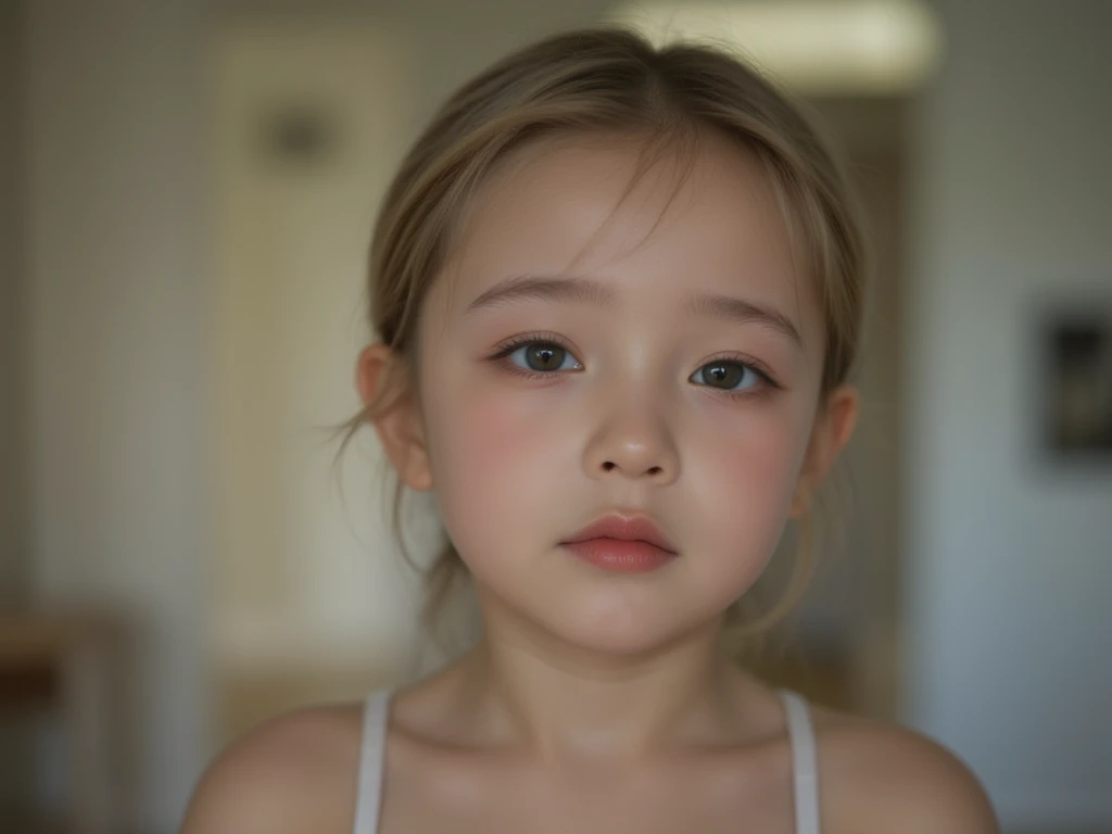 10 year old BLONDE, usando legging rosa, top, blue colored eyes, small, baby face,