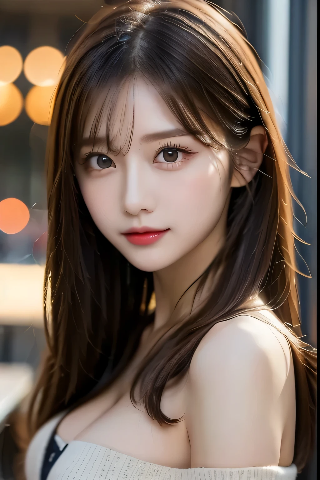 Tabletop, Highest quality, shape, Very detailed, finely, High resolution, 8k wallpaper, 完璧なダイナミックな構shape, Beautiful and detailed, ランダムなcute髪,Small breasts,Natural color lip, Bold sexy pose,smile、20-year-old girl、cute、sexy shot looking at camera,Always blur the background,Perfect and beautiful face,Take a picture of only the face,Beautiful and elaborate face、Slim face and figure,Big eyes、Putting on gal makeup