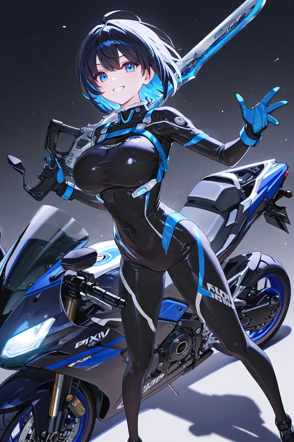 1girl, wide hips, large breasts, blue hair, short hair, very short hair, blue eyes, bodysuit, black bodysuit, futuristic, machinery, science-fiction, tech, shoes, sneakers, neon trim, blue neon trim, full body, bunny ears, rabbit ears, light smile, happy, car, sports car, sitting, ass