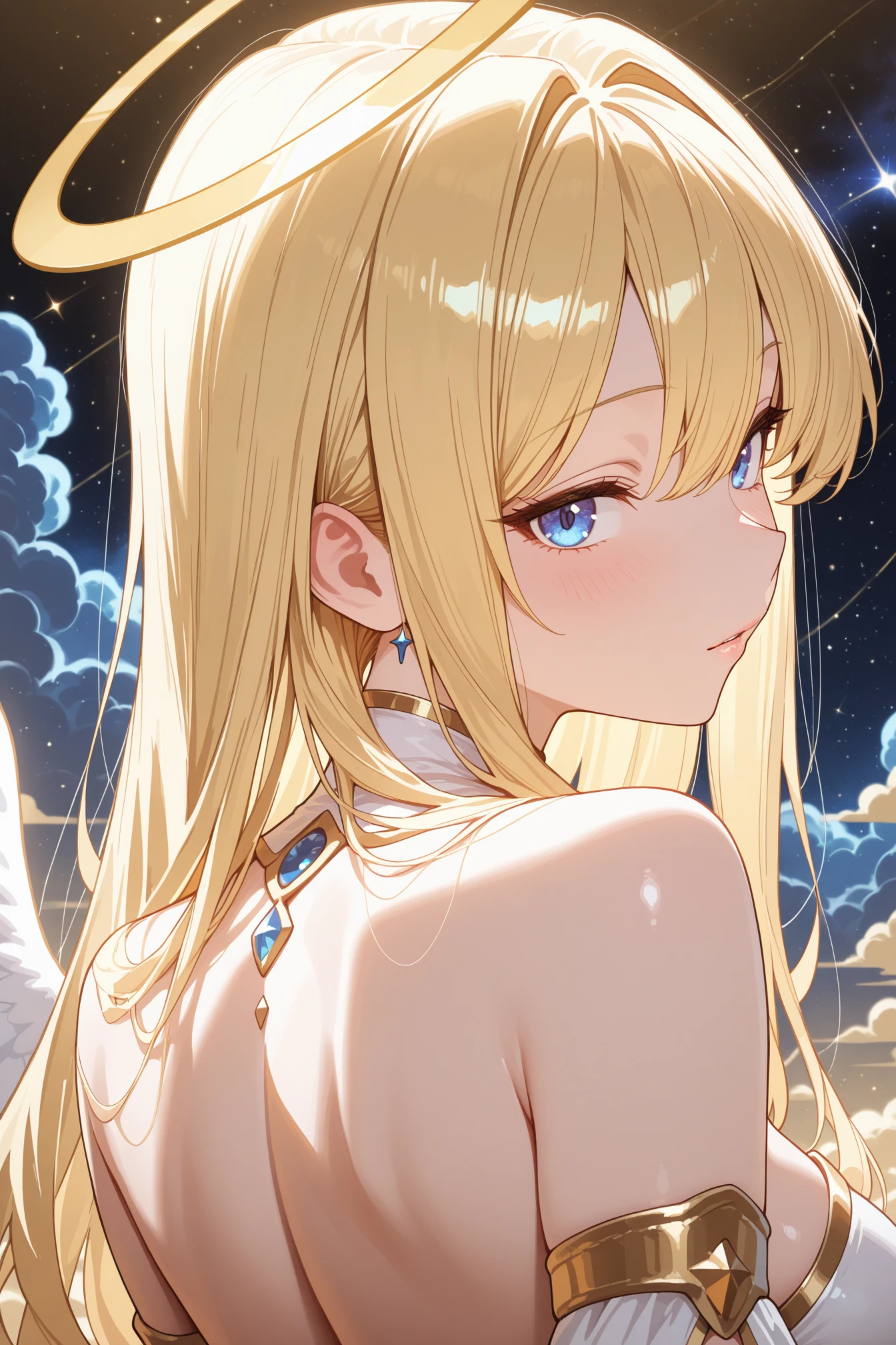 nsfw,masterpiece、highest quality、High resolution、high quality images、8K, 1 female、skin luster、skin texture、Expression of fine eyes、(Shiny bright golden hair:1.5),Girl with long braided hair, realism, Detailed manga style, Manga art style, Perfect Line Drawing, beautiful line drawing, digital manga art girl, beautiful light blue eyes, Clear, beautiful eyes、plump lips, Detailed gorgeous face, (cute smile), charm, Front view, (perfectly detailed face), (fine hands) 、photorealistic images, Depth of written boundary, Princess hairstyle, Princess、Corolla on the head , face forward , night sky , night view ,beautiful starry sky , romanticism、(All nude:1.5)、(medium breasts:1.5)、smile、blush、princess tiara、Fluffy blonde、Gorgeous blue sparkling earrings、Gorgeous gold bracelet、Gorgeous gold anklets、Palace balcony、Nadia: The Secret of Blue Water Necklace、(oblong face:1.5)、Cover your forehead with bangs、Bangs between the eyes、(full body:1.0)、(standing:1.3)、(portrait:1.6)