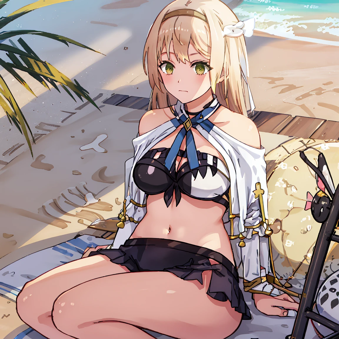 Violet evergarden, braid, blonde,red ribbon, blue eyes, elbow gloves, red ribbon,white swimsuit, sit down relaxing , beach, sunlight, perfect lighting, sea, ocean, from side, looking at viewers, solo, 1girl, highly detailed, full of details