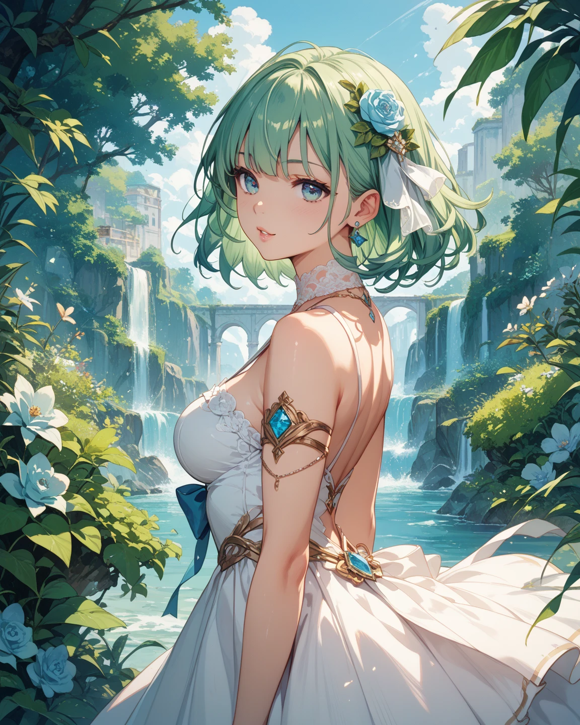 Name: Mika Bluebloom
Element: VERDANTHIA
Description: The Nurturing Spirit, guardian of Serenia Forest. A tranquil yet powerful AugmentumāOs who healing powers bring new life to wounded flora and fauna.
Prompt: ((((Botanical marvel, divine beauty, ultrahigh resolution)))), 1girl, sitting, ((short bob, lush green curls:1)), ((family jade green eyes)), medium build, verdant green complexion, ((((ultra detailed eyes:0.8, hydrated, vivvre shine, wet hydro eyes))), ((left waist his posed decently)), long shot, three-quarter view, indoor shine/natural green with gentle stream, C-cup, gentle smile, ((meticulously manicured, slender fingers)), ((full body shown: torso, hands, shins))), floor-lengthlogs, owned by nature, wearing a petal-embellished tunic and anthropomorphic flower headpiece