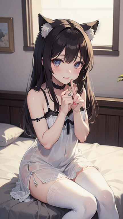 Hands behind back,Tied with hands behind back,lick,from front,front view,looking at viewer, looking ahead,from above,cowboy shot,1girl,Beautiful 14 year old girl,Japanese,Slender,,low length,Small breasts,Thin legs,Small Ass,Baby Face,Small face,Black Hair,two side up,Gray Eyes,Drooping eyes,slit pupils,narrow eyes.middle School girls,Black collar with black leash,Bunny ears,String extending to the camera side,A see-through black and light blue negligee,lingerie,open mouth,tongue out,front face,Kneeling,Straight Stand,Beautiful and detailed anime art,Mischievous smile,Sexy vibe,cum on tongue,Dimly lit room,On the bed,Simple Background,Gray background,Low lighting,