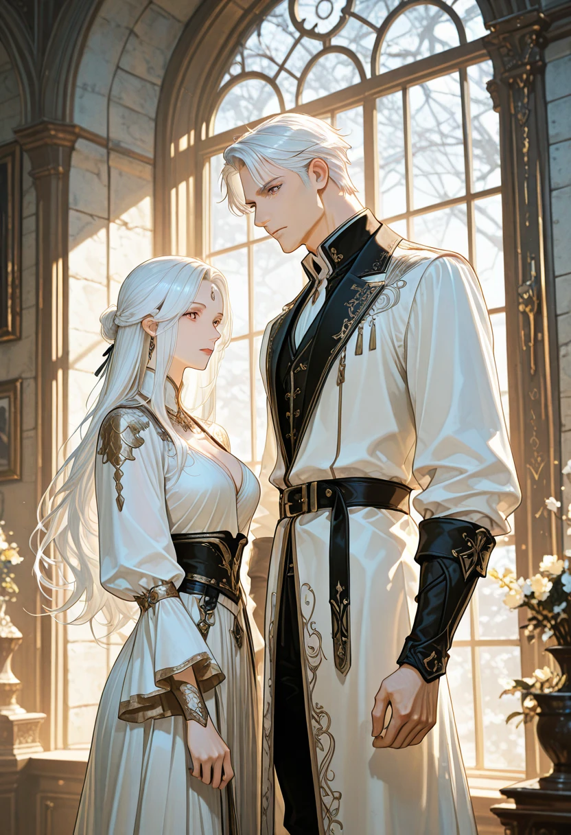 A tall, handsome, statuesque, courageous young man-platinum blonde, dressed in an ancient military uniform, he has armor, long straight platinum hair, blue eyes, tanned skin, he sits astride a black horse, and looks at an incredibly beautiful young femme fatale blonde with blue eyes, dressed in a luxurious princess dress, she has long golden hair, long bangs, tiara. They're in love.Masterpiece, beautiful face, beautiful facial features, perfect image, realistic photos, full-length image, 8k, detailed image, extremely detailed illustration, a real masterpiece of the highest quality, with careful drawing. glow. In full growth.