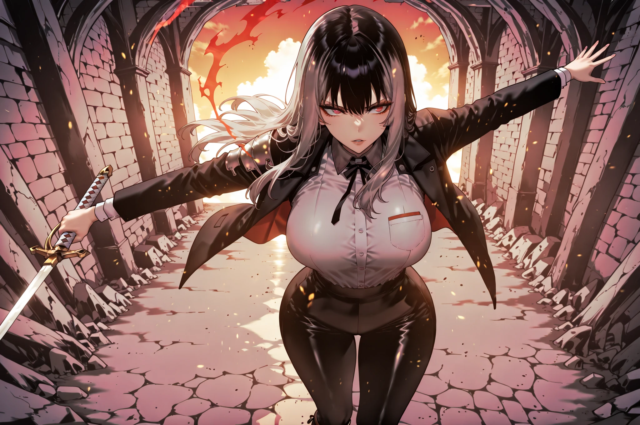 taken from above、caveの中、、Ruins、Attach a、black suit、Attach a、sword、Japanese sword、wears a black suit、black longsuit、put on a long black jacket、ゴスロリなshirt、Depressed、Tall Woman、A woman in her thirties、 Alassah's woman、Steins;Gate、 black longsuit 、score_9, score_8_up, score_7_up, Source_anime,masterpiece、No expression、no makeup、top quality,beautifully detailed eyes in a logistics warehouse, Exquisite Eyes、A sophisticated eye、highly detailed eyes and faces on the back,unmotivated expression、lethargic face、 long breasts, Female 1, Black Jacketを羽織る、Black Jacket、shirt, big saggy breasts, shockingly big breasts, big breasts,big boobs、boobs 、Zitoida, makeup、no makeup、long hair、smooth straight hair、black slacks、tall woman outdoors at the seaside、Tall Woman、plump thighs, parted lips、 shining eyes,(Fire Aura Onkown),dungeon内、Crimson Eyes、long hair、dark haired、黒い髪、long straight hair、dungeon、cave、Ruins、solo、swordを持っている、soloプレイヤー、red aura、 Crimson Aura 、zone、sword、大sword、Japanese sword、Sword、ゴツいsword、厳ついsword、Buster Sword、大Sword、shot from behind、back、angle from behind、Wide ass、beautiful butt、stick your butt to the focus of your butt、long boots、Shoulder Armor、Fearless Laugh、strong、Is confident、black tights、black tights、suit pants、黒いlong pants、Black Skinny、long pants、Dynamic、Satu、fight