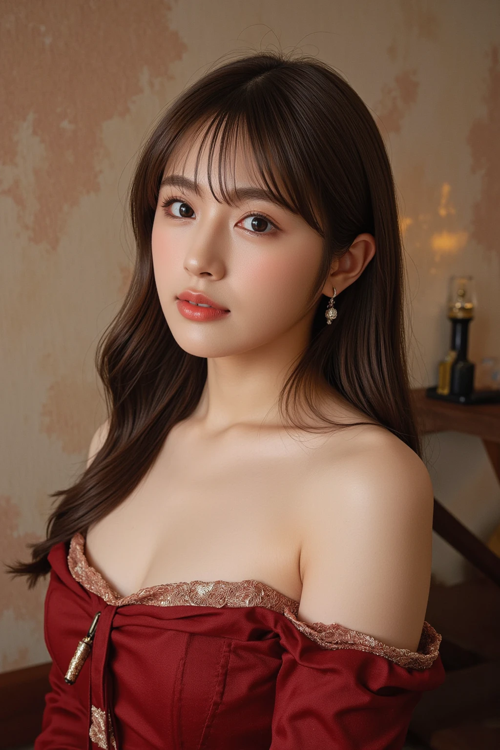 (Masterpiece, best quality), A beautiful girl with big breasts is depicted, wearing a bright red dress that hugs her curvaceous figure. Her long ponytail flows down her back, cascading over her shoulder. The dress's intricate details are accentuated by the soft, warm lighting that bathes the scene. The girl's face is flawless, with rosy cheeks and expressive eyes that sparkle with life. The image is rendered in photorealistic style with ultra-high resolution and 8K definition, every detail captivating in its perfection. Big Breasts, Beautiful Girl, Ponytail, Masterpiece, Best Quality, 8K, Photorealistic, Flaw