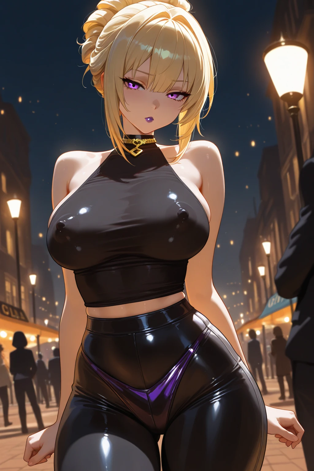 20 year old woman, busty, bubble butt, hourglass figure, skinny, blushing, embarassed, shocked expression, horny, seductive, long hair, blonde hair, ponytail hair, wearing black dress, zipped corset, black stockings, knee high boots, tight fitting clothing, anime, night, city, neon city, punk, punk style, punk hair, ((open mouth)), ((drooling)), ((wet)), bare shoulders, elbow gloves, frills, puffy dress, mid-length skirt