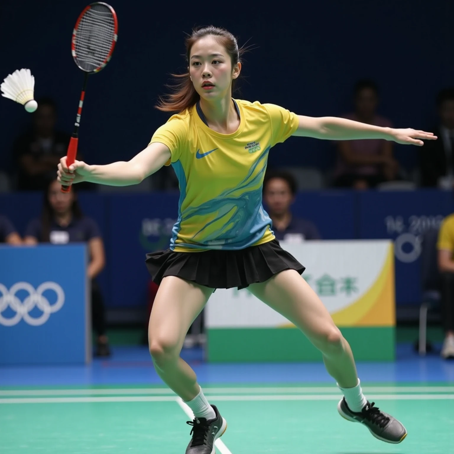 Chinese women&#39;s badminton，Beautiful facial features，White skin，full-body shot，Panoramic vistas，Wide-angle lens，Powerful dunk，Jump dunk，Intense stimulation，Olympic Games Finals Background