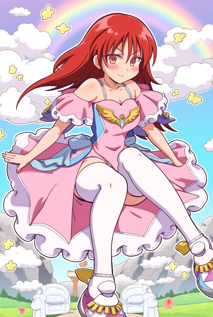Masterpiece, best quality, hentai anime style, rin Hoshizora, orange hair, yellow eyes, throne, sitting, curvy hip,silk night clothes , sexy ,magical girl ,winged boots , hair band, spread legs ,after sex,cum dripping, dizzy ,torn panties