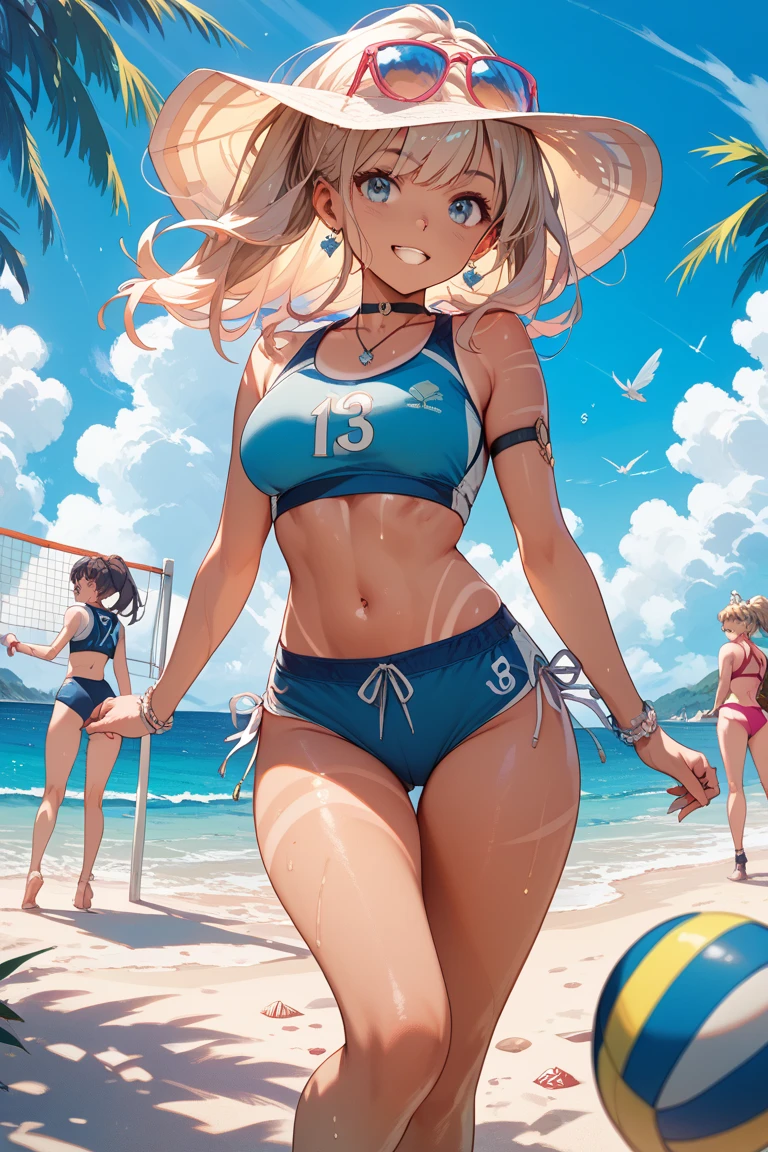 NSFW, (4+Girls:1.5), (Alternate athlete swimsuit pool), Tanned skin, dark tanned skin, oil, Abs:1.5, tan lines, dynamicposes, Sexy interaction, Girls play beach volleyball, Beach volleyball, Net, Masterpiece, Top quality, hyper HD, Highest resolution, Very detailed, Perfect face, Professional lighting, Clean skin, CG illustration, Slender, Very cute, Young face, cleavage, Lower breast, Wet body, (breasts out:1.4), different hair color, Short hair, Elf hairstyle, semi long hair, different hair style, Hair ribbon, Blush, navel, From below, Wet body, (breasts out: 1.4), (Plastic bag 1.2), Transparent swimsuit, beach, Sand, water, (Wind: 1.3), girls playing behind, showing butt, a black choker