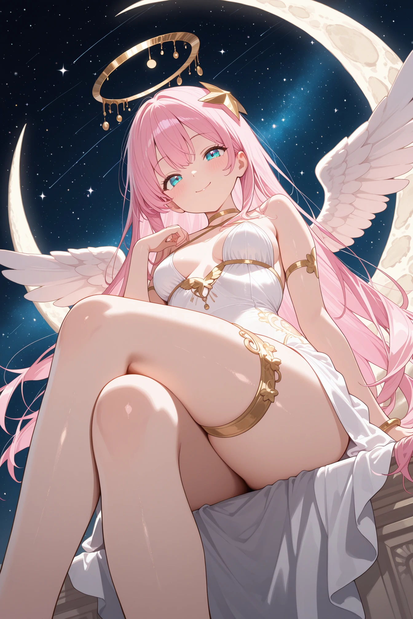 (adult:1.6), ((Best quality)), ((masterpiece)), ((highly intricate details)),beautiful, high quality, highres, absurdres, light difussion, intricately details, complex details, (masterpiece:1.2), (best quality:1.2), perfect face, perfect eyes, perfect lighting, shining lilac fireworks eyes,((gorgeous angel)), (with long flowing pink hair), angel, big feather pink wings, floating in the sky. bare foot, slender body, big breasts, goddess pink silver dress, off shoulders, egypt goddess, floating, night sky with stars and big moon, silver details in the face.