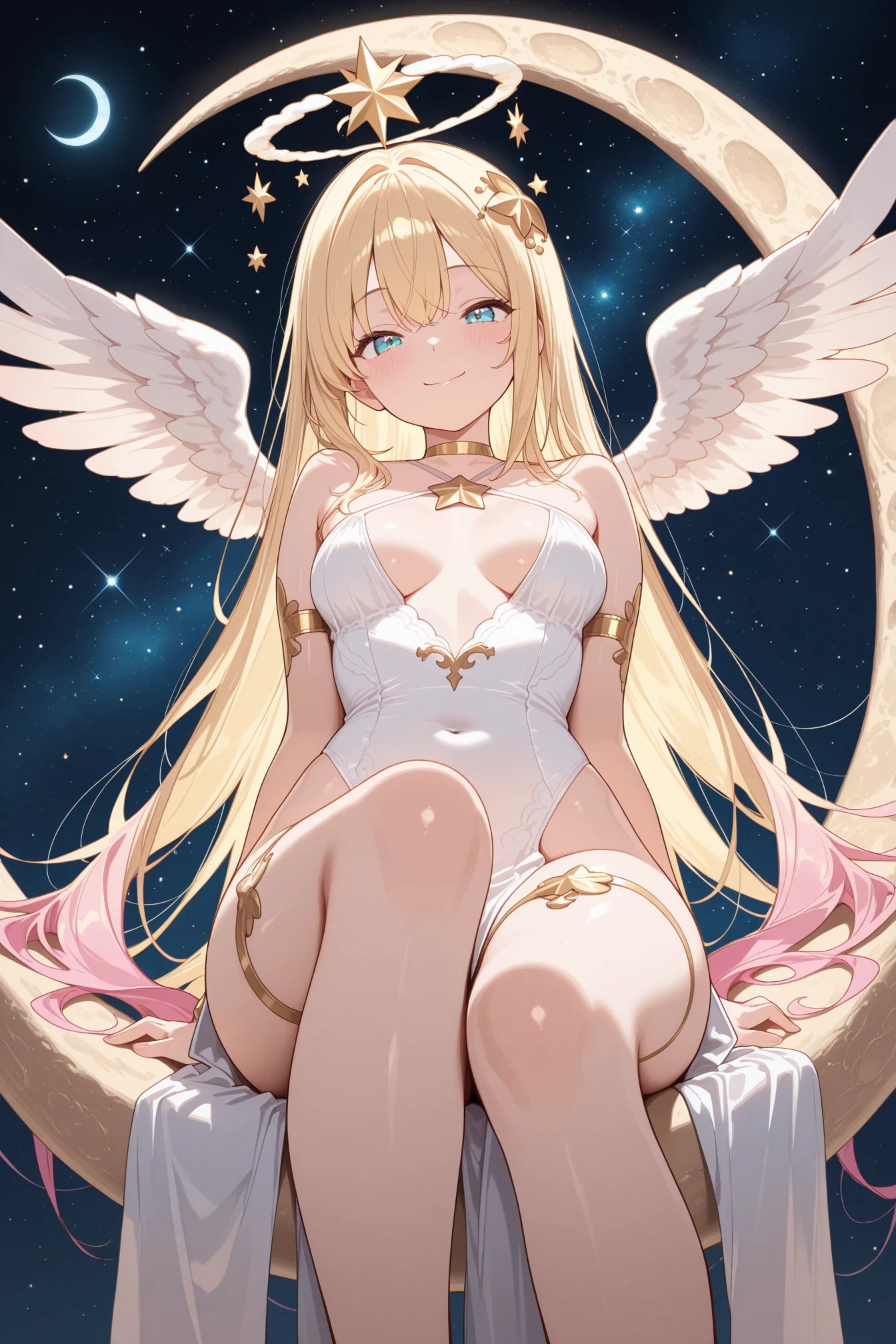 {{masterpiece}}, {{best quality}}, {ultra-detailed}3, colorful, gradation, magic circle, night, moon, Starry sky, a sexy woman, solo, angel, beautiful blond hair, beautiful green eyes, {beautiful eyes}, white-skinned, long hair, wings, smile, luminous effect, aurora,{whole body},{Floating}