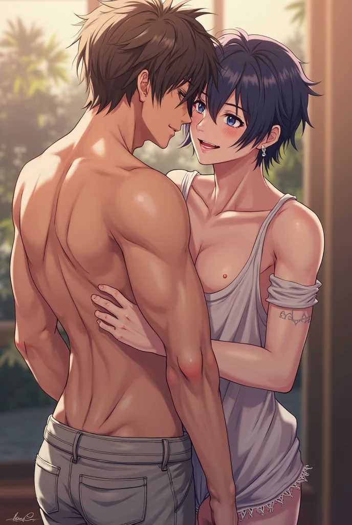 himeno, himeno(Chainsaw Man), mature female, mature, Adult, black hair, short hair, eyepatch, 1boy and 1girl, shower in bathroom, (hot smirking woman with wedding ring and long hair) standing behind (very short nervous boy), (woman behind (restrained boy with hands behind his back)), (woman performing one-handed ??????? on boy and covering his mouth):1.6, large ?????, (age difference):1.2, (smug short aunt) giving (reach-around ???????, ??????? from behind) to (shorter anxious son), (??????? motion lines):1.7, textured skin, soapy wet skin, soap bubbles on skin, soapy ???????, long hair, cold breath, sweating, duo focus, (pretty woman) behind boy, (cute naked (extremely petite) submissive boy):2.0 with huge penis, girl performing (reach-around handjob with one hand) on (scared begging nervous ????? (boy cumming with open eyes)), cumshot, masterpiece, full body visible, body focus, pretty eyes, good eyes, side view