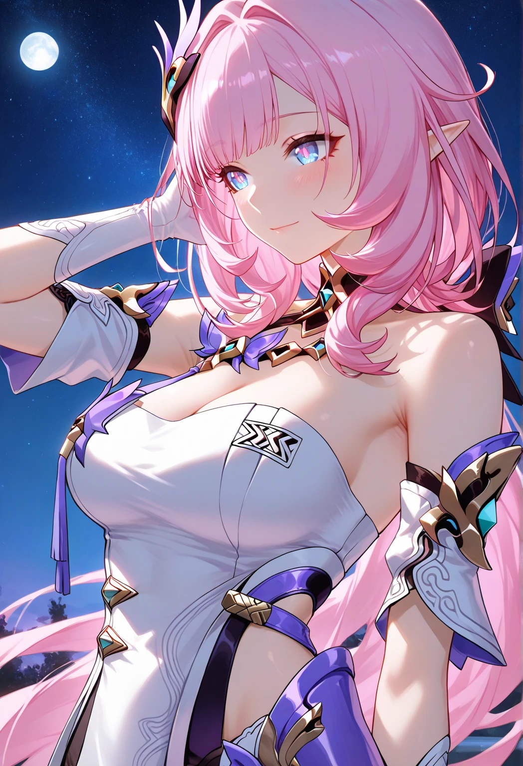 (Realistic painting style:0.9), masterpiece, best quality,  absurdres, elysia (miss pink elf) (honkai impact), slit pupils, elysia (honkai impact), elf, pointy ears, 1girl, breasts, cleavage, pink hair, solo, hair ornament, smile, blue eyes, long hair, looking at viewer, open mouth, bangs, :d, sky, star (sky), black shorts, large breasts, starry sky, shorts, night sky, arms behind back, night, long sleeves, pink pupils