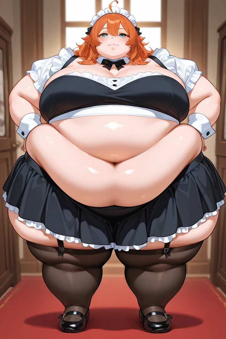 Christina Hendricks, wearing maid outfit, in hotel, gigantic breasts, huge belly, round belly, (gigantic breasts:1.5), (gigantic belly:1.5), topless, bare breasts, (bare breasts:1.5), short skirt, fishnet stockings, (one girl:1.5), (alone:1.5),