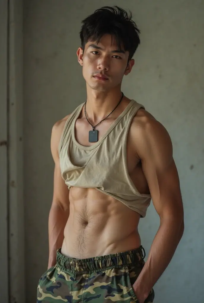 Masterpiece, best quality, high resolution, handsome courageous guy in open shirt and underwear tightened with military necklace between pectoral muscles, (kneeling: 1.1), top, looking at the viewer,, high detail, clear focus,