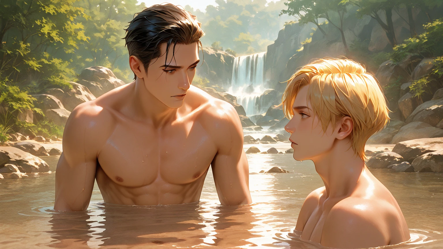 muscular half-naked man, muscular half-naked man, girl in yellow bikini, light wet shiny skin, swimsuit, masterpiece, high quality