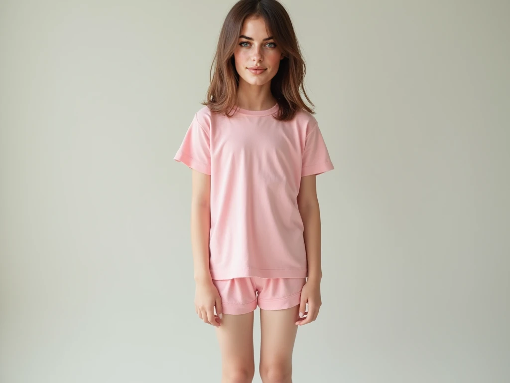 High quality photo of a beautiful, slender Asian girl (age 5: 1.5) (wearing small pink flared pants: 1) (wearing a short pink satin T-shirt: 1.3) in her bedroom. realistic anatomy Long brown hair, slightly curly Beautiful face with details, big eyes, double eyelids, happy smile. By walking in the school atmosphere