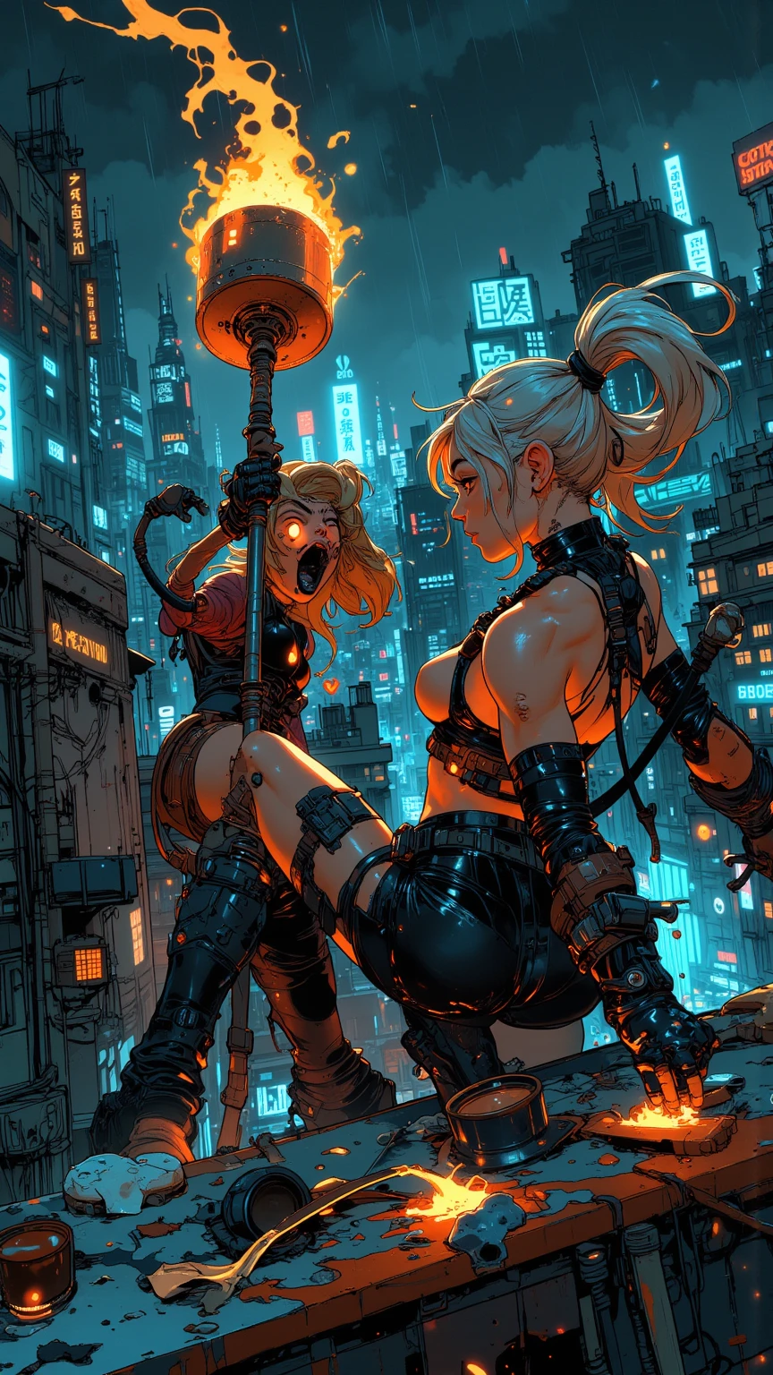 work of art, best qualityer, ultra detali, illustration, epic lighting, film composition, 1 girl, cute, red sclera,red pupils, cyborg, tatoo, hair green, colored fur, breasts small, Black jacke, standing, legs apart hands with black gloves with yellow details, lovely gaze, captivating pose, trunk:1.1, gazing at viewer, pretentious smile, cloused mouth, plein-air, citys, cyber punk, neon lights, Street, (natta, tenebrosa, tenebrosaness, tenebrosa como breu, eyeshadows:1.4), (8K:1.1),  
