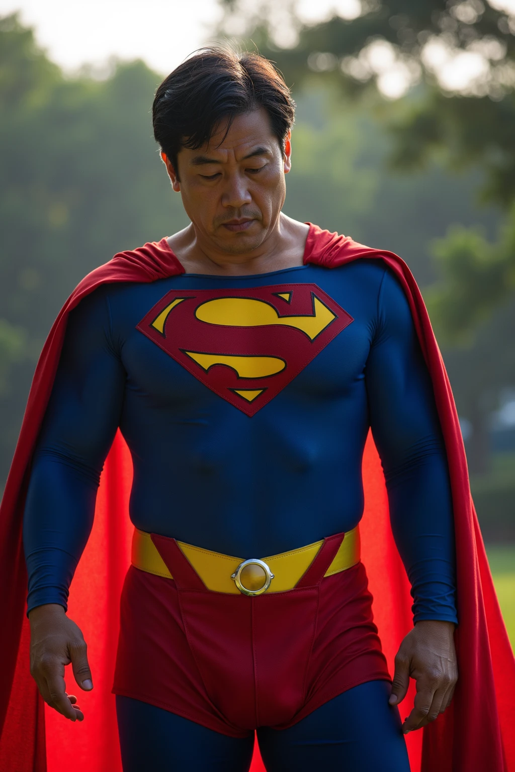 Man body setting，Superman costume bodysuit , (bare thighs) ,  ( thick bottom ) , realism , hyper realistic , photorealistic , ( thick hips ). , standing , super handsome boy , fatty hips , fatty buttocks, sexy , eroticism , nsfw , epic realism , epic photorealistic , tall man ,(hip fat), narrow waist , (wide hips) , large hips , bare chest , (overwide hips , over large buttocks),  (skinny but huge hips ) 
