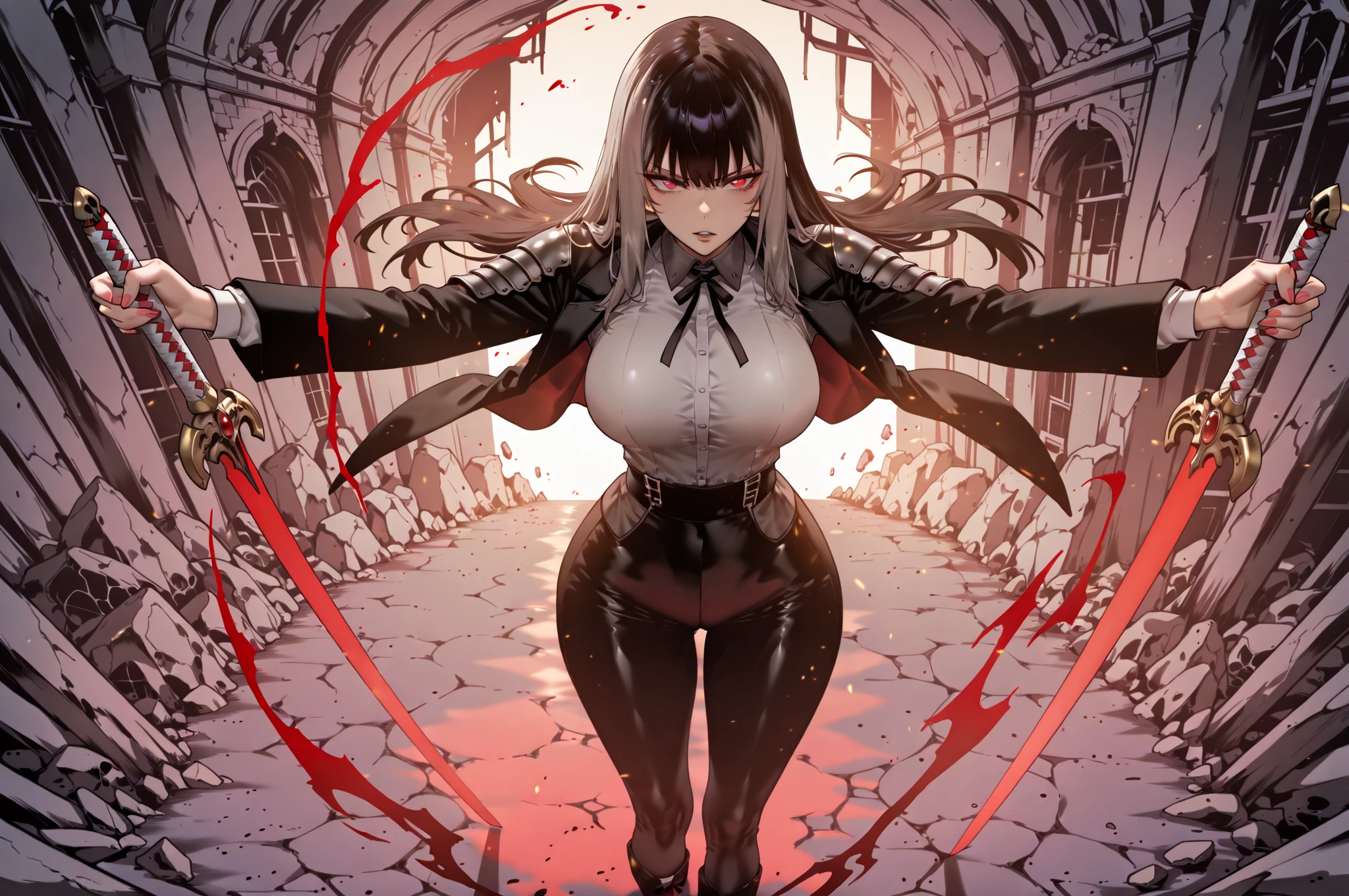 taken from above、caveの中、、Ruins、Attach a、black suit、Attach a、sword、Japanese sword、wears a black suit、black longsuit、put on a long black jacket、ゴスロリなshirt、Depressed、Tall Woman、A woman in her thirties、 Alassah's woman、Steins;Gate、 black longsuit 、score_9, score_8_up, score_7_up, Source_anime,masterpiece、No expression、no makeup、top quality,beautifully detailed eyes in a logistics warehouse, Exquisite Eyes、A sophisticated eye、highly detailed eyes and faces on the back,unmotivated expression、lethargic face、 long breasts, Female 1, Black Jacketを羽織る、Black Jacket、shirt, big saggy breasts, shockingly big breasts, big breasts,big boobs、boobs 、Zitoida, makeup、no makeup、long hair、smooth straight hair、black slacks、tall woman outdoors at the seaside、Tall Woman、plump thighs, parted lips、 shining eyes,(Fire Aura Onkown),dungeon内、Crimson Eyes、long hair、dark haired、黒い髪、long straight hair、dungeon、cave、Ruins、solo、swordを持っている、soloプレイヤー、red aura、 Crimson Aura 、zone、sword、大sword、Japanese sword、Sword、ゴツいsword、厳ついsword、Buster Sword、大Sword、shot from behind、back、angle from behind、Wide ass、beautiful butt、stick your butt into the focus of your butt、long boots、Shoulder Armor、Fearless Laugh、strong、Is confident、black tights、black tights、suit pants、黒いlong pants、Black Skinny、long pants、Dynamic、Satu、fight