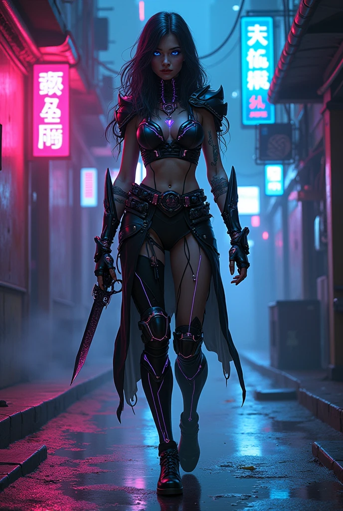 ((ultra resolution image)), ((HDR PLUS)), ((ultra realistic modeling)), high resolution, ((8k)), Tall Female, 37 years old, wet pink lips, medium breasts, medium hips , thick thighs , base ( Mortal Kombat kitana ), cyberpunk clothes, blue neon mask , raining , rain , nighttime ruined city
