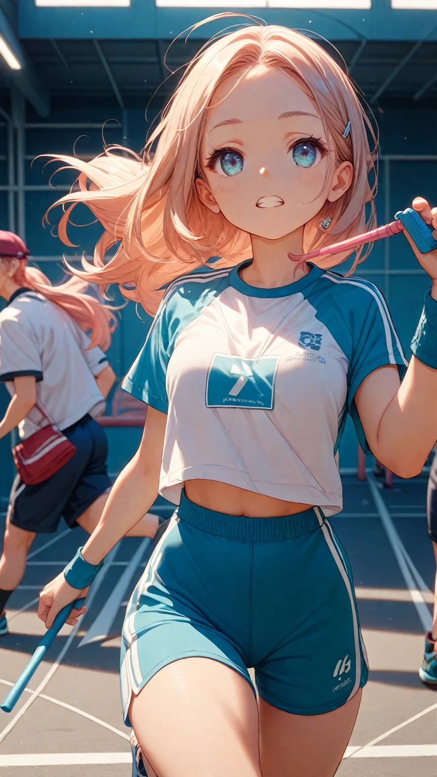 Masterpiece, Best Quality, 8K, Photographic Reality, Long Shot, Realistic, Octane Rendering, Lively Crowd Onlookers: 1.2, (Woman Kneeling in Chair: 1.4) (Only One Woman Shown in the Picture: 1.33), (Woman with Long Golden Hair), (Woman Pink Sports Vest, Sexy Tong), Japanese Gym Sports