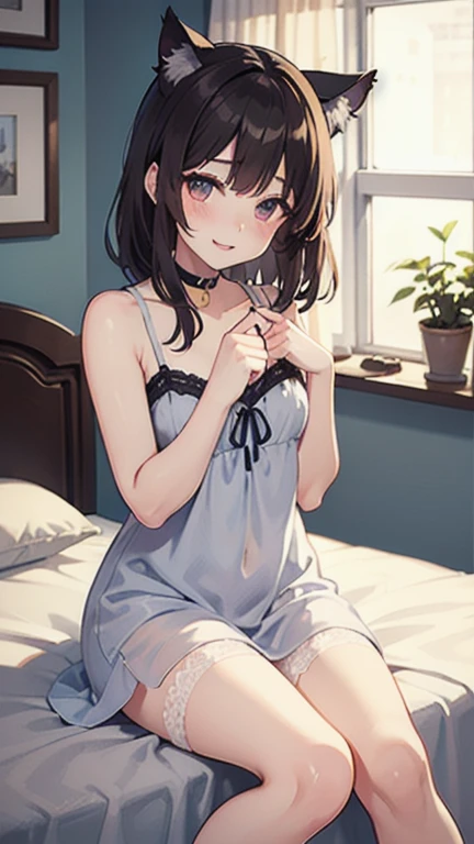 Black Hair、Iris、short hair、girl、cute、16 years old、、Small hair ornament、Nightgown dress、Lying down、Sleeping、sleeping face、You look feels good、Panty shot、1 person