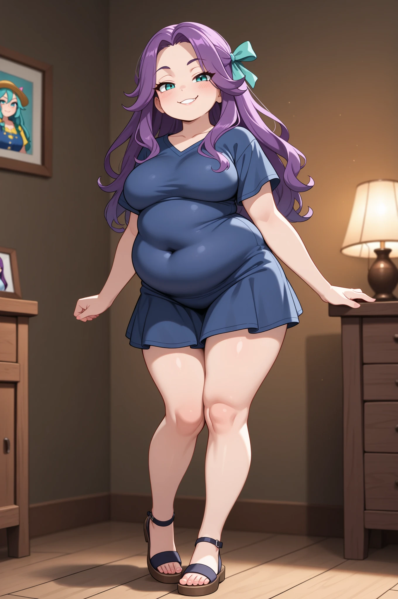 full body, standing, barefoot, thicc, exposed belly, very big breasts, pregnant, long hair, sports bra, very thight shorts, glasses